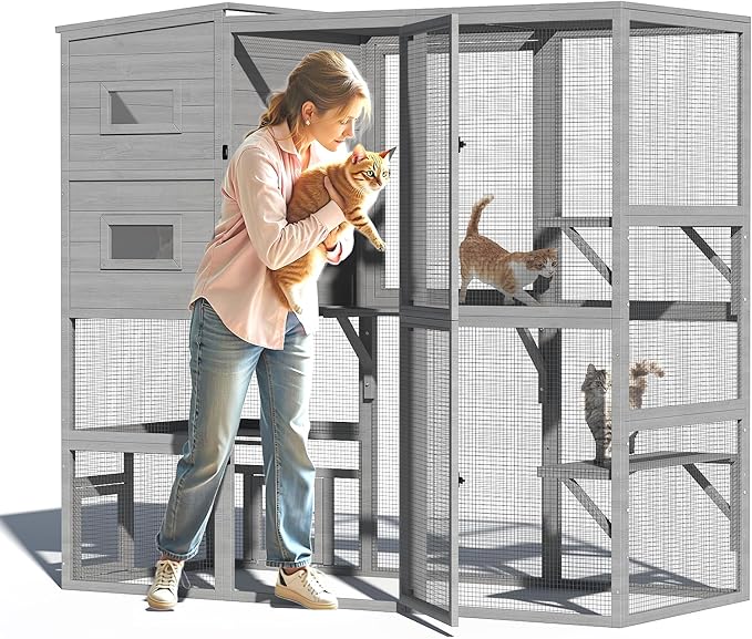 Catio Indoor Cat Enclosure, 4-Tier Large Cat Catio with Window Access, Indoor Catio Enclosure for Multiple Cats with Weatherproof Roof, 3 Resting Rooms, 3 Platforms & 2 Large Doors, Grey