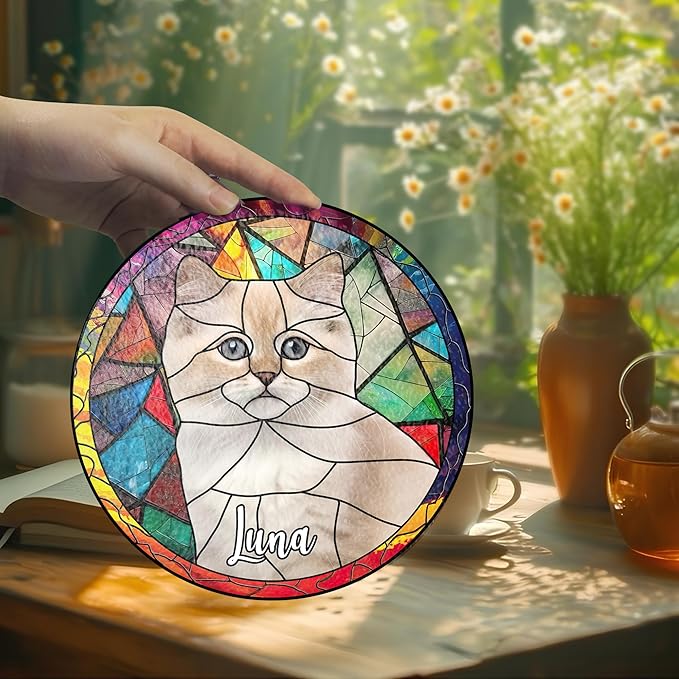Lovely POD Personalized Cat Stained Glass Suncatcher, Memorial Keepsake Remembrance Gift for Fur Lovers, Custom Name Pet Photo Ornament Window Hanging, Home Decor, Sympathy Gift for Loss of Cat
