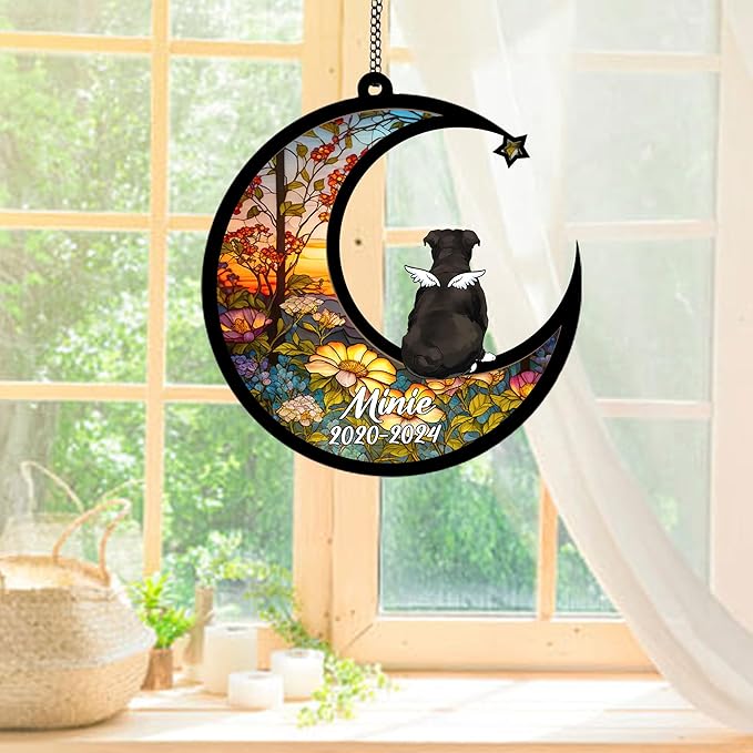 Personalized Bulldog (Black White) Sun Catcher, Dog Memorial Gifts, Custom Bulldog (Black White) with Wings Ornament Christmas Tree, Loss of Dog Sympathy Gift Memorial Suncatchers
