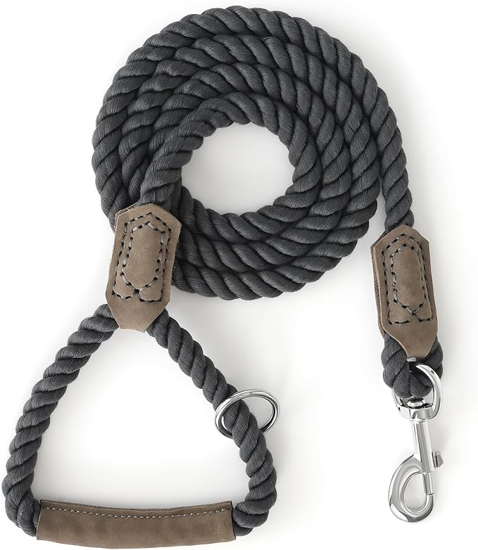 Mile High Life Dog Leash, Braided Cotton Rope Leashes with Leather Handle - Heavy Duty Metal Clasp, 5FT, 1/2" Thick - Wedding, Walking & Training Leash for Small Medium Large Dogs (Gray)