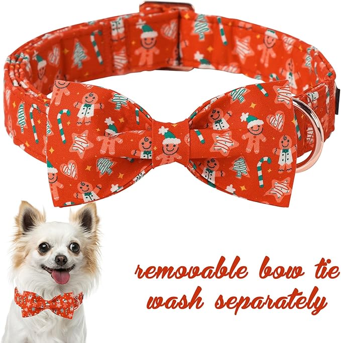 Unique Style Paws Christmas Day Dog Collar with Bow Red Gingerbred Cotton Puppy Collars for Small Medium Large Dogs