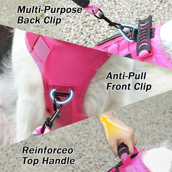 No Pull Tactical Dog Harness for Large Dogs, Escape Proof Molle Dog Vest Harness and Leash Set, Adjustable Military Service Dog Harness with Handle for Medium Large Dogs (Pink, M)