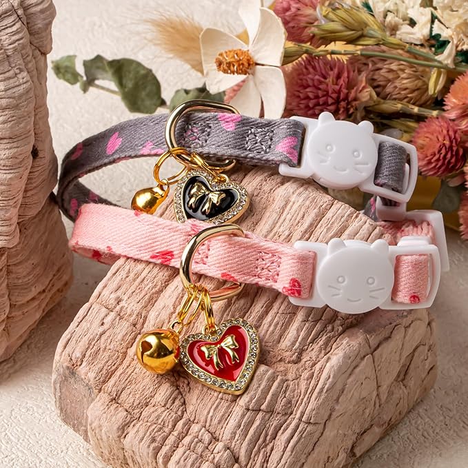 2 Pack Cotton Breakaway Cat Collar Pink and Gray Heart Shaped Pendant Cute Kitten Cat Collar with Bell