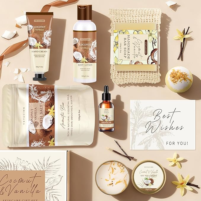 Gifts for Women Happy Birthday Gift Baskets, Bath and Body Gift Set Mothers Day Gifts, Vanilla Coconut Relaxing Home Spa Set Self Care Gift for Mom Sister Her Wife Grandma Girlfriend Friends