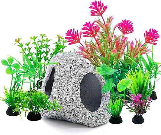 SLOCME 10 Pcs Aquarium Rock Cave & Plants Set – Colorful Plastic Aquarium Plants Fish Tank Decorations, Ceramic Betta Fish Hideout Breeding Shelter