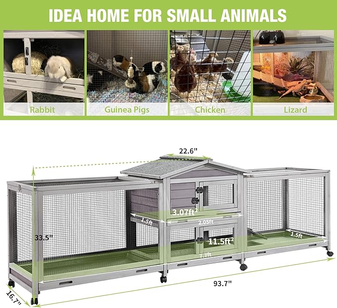 Rabbit Hutch Bunny Cage Indoor & Outdoor Rabbit Cage on Wheels, Large Guinea Pig Cage with 4 Deep No Leakage Pull Out Trays - 93.7"