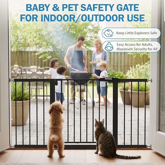 Mumeasy 29.7-57" Extra Wide Baby Gate for Doorways, Auto Close Dog Gate Indoor for Stairs, No-Drill Pressure Mounted Pet Gate with Door, Easy Walk Thru Long&Large Safety Gate for House, Outdoor, Black
