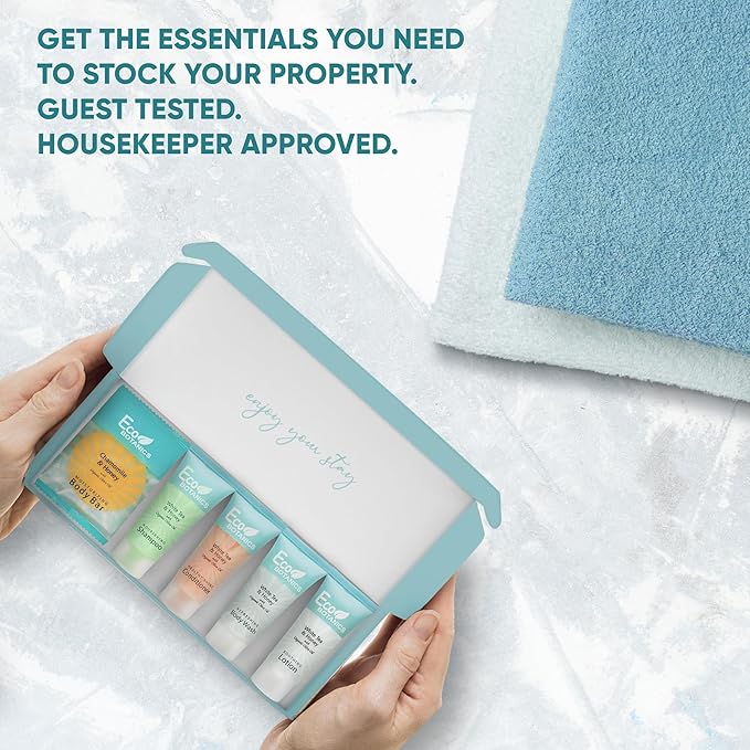 Eco Botanics Amenity Kit | Hotel Bulk Toiletries | 0.85 oz Shampoo, Conditioner, Lotion, Body Wash, Body Bar Soap for Guest Hospitality Vacation Rentals| 1 Set/Case