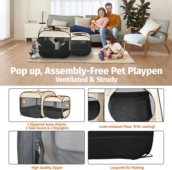 2-in-1 Portable Cat Playpen, Pop up Pet Kennel Play Pen Cat Tent House Cage, Foldable Puppy Enclosure Kitten Crates Indoors Outdoor(Beige)(No Divider, Pass-Through)