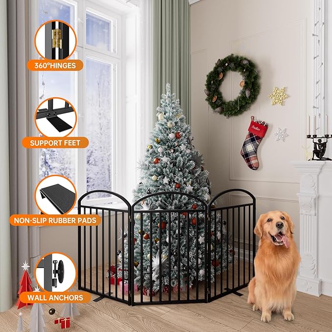 3 Panels Full Matel Freestanding Dog Gates with Door, 72"Extra Wide 32"Tall Free Standing Dog Pet Gate for Indoor & Outdoor. Foldable Pet Fences for Doorways, House, Stairs, Porch, Deck, Yard