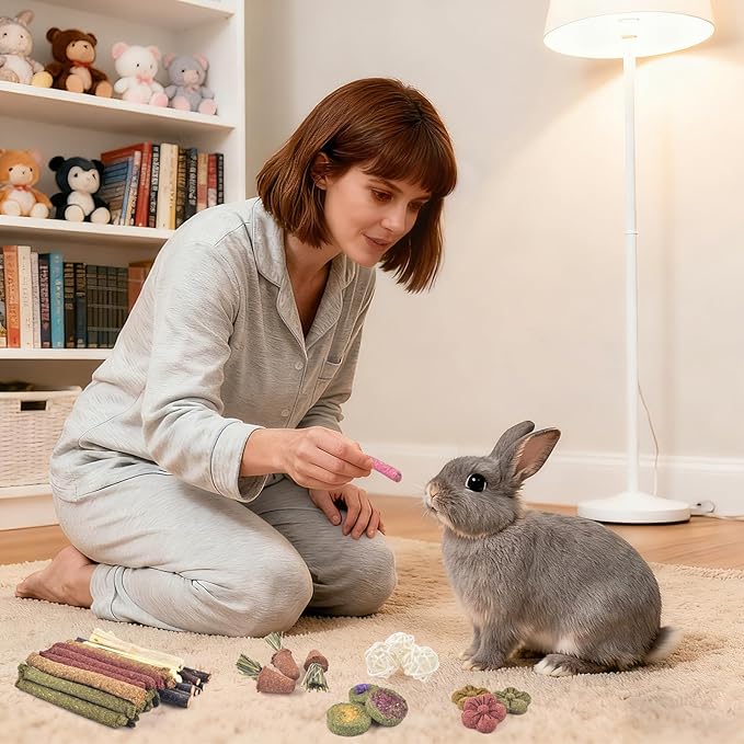 ERKOON Bunny Toys Boredom, 42 PCS Bunnies Timothy Hay Sticks Carrots Rose Grass Cake Dental Care, Molar, Chinchillas Toy Chew Toy, Guinea Pigs, Hamsters, Chinchilla, Rabbit Chew Toys for Teeth