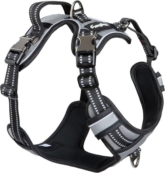 Step in Dog Harness for Extra Large Dogs, Silver Gray, Adjustable, Easy On Off, No Pull Through Design, 2 Dog Leash Points, 3M Reflective Trim, Neoprene Padded Control Handle