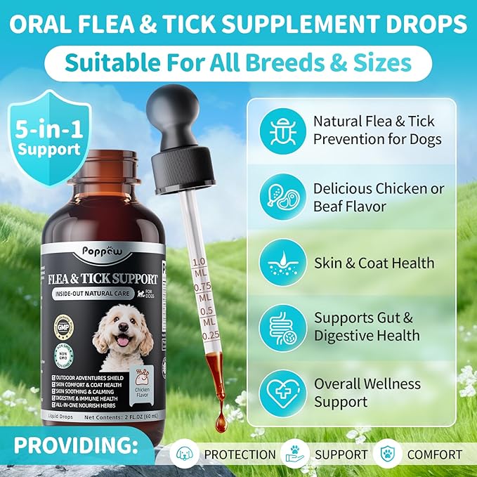 Flea and Tick Prevention Support for Dogs, Natural Flea Treatment Drops with Neem, Oregano for Puppy Oral Flea and Tick Treatment Supplement for All Breeds and Ages - Chicken Flavor, 2 FL.Oz