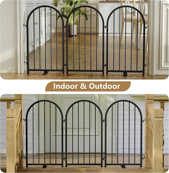 Full Metal Dog Gate for Indoor Outdoor, 32" Tall Free Standing Pet Dog Fence, 54" Wide Arched Pet Gates for Stairs, Hallways, Doorways, Kitchen, Decks, Yards (Black, 3 Panels)