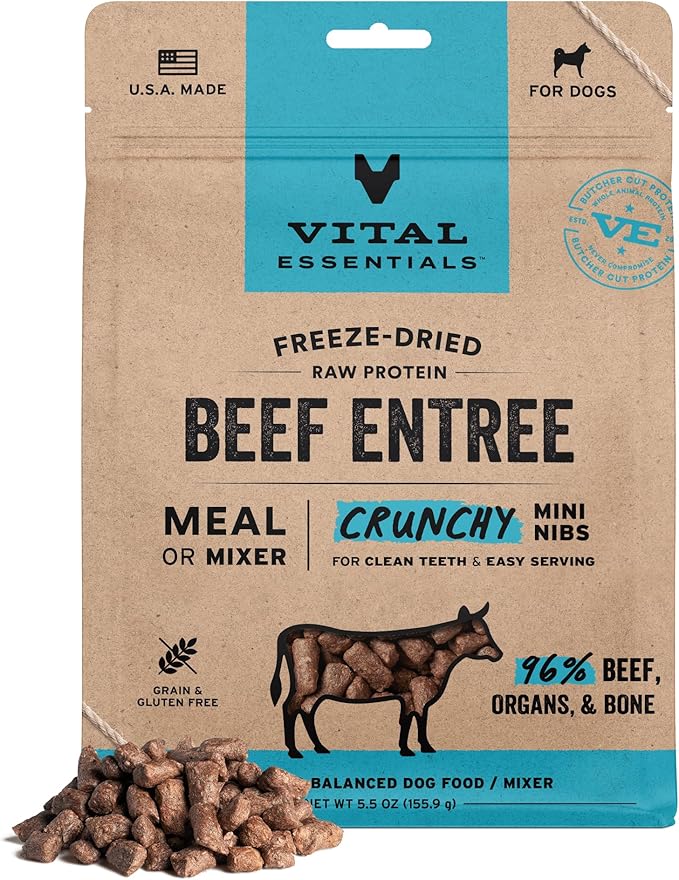Vital Essentials Freeze-Dried Raw Dog Food, Beef Crunchy Mini Nibs | Complete Meal or Mixer | High Protein Dog Food | 5.5 oz