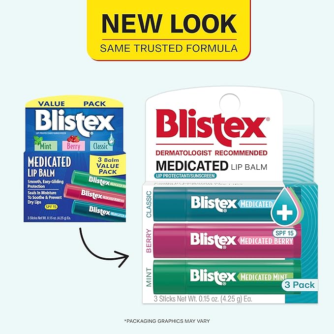 Blistex Medicated Lip Balm, 0.15 Oz Each, Classic, Mint and Berry Flavor, Soothes and Protects, Advanced Medicated Lip Care for Dry, Chapped Lips, SPF 15 Sun Protection, 3 Count, 1 Pack