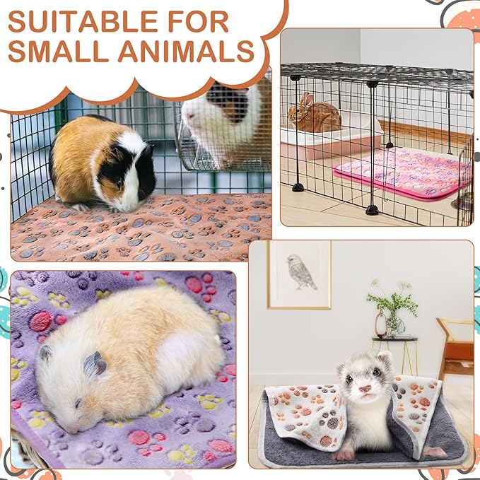 Reginary 4 Pcs Waterproof Guinea Pig Blankets Washable Small Animal Fleece Bedding Guinea Pig Cage Liners Reusable Training Pads Pet Pee Pad Sleep Mat for Hamster(Paw Print,12 x 12 Inch)