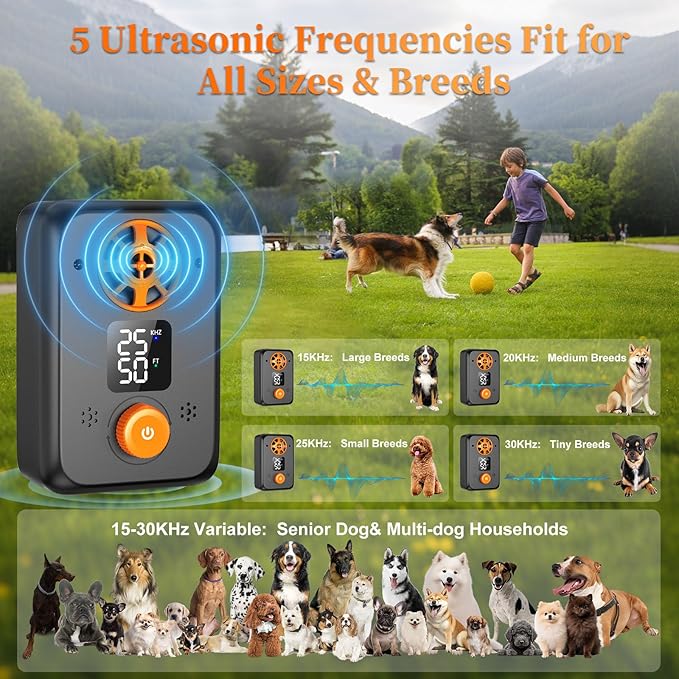 Ultrasonic Dog Bark Deterrent Devices- Anti Barking Devices with 5 Freq 3 Range Modes Auto Dog Barking Stopper Box Stop Neighbors Dogs Effective Bark Control Bark for Indoor Outdoor