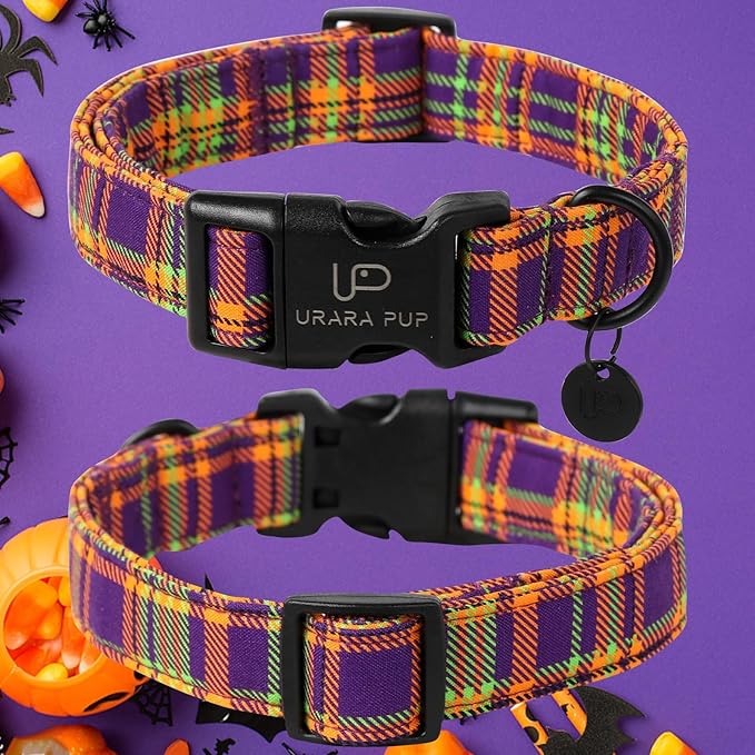 Halloween Dog Collar, Colorful Plaid Dog Collar for Large Dog, Fall & Winter Dog Collar with Lightweight Plastic Buckle, Cute Plaid Pet Collar for Girl Boy Dogs,M,Neck 13.5-22in