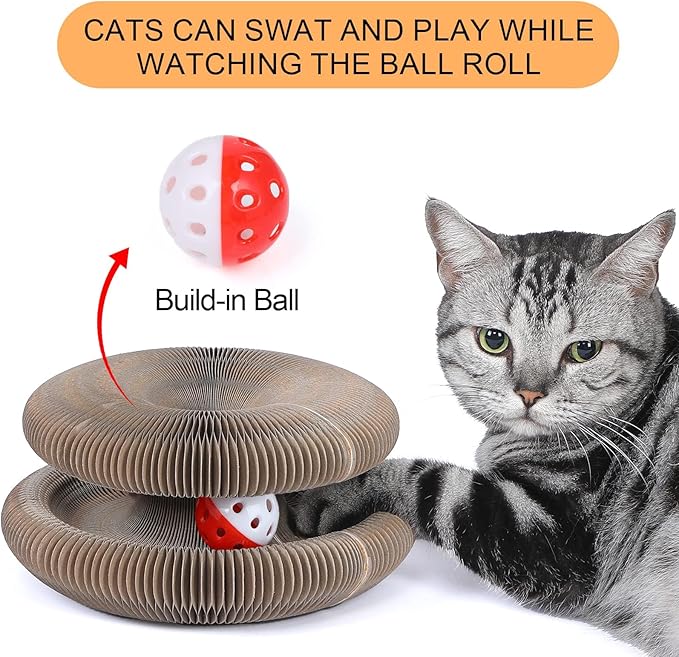 Magic Organ Cat Scratching Board, Interactive Scratch Toys with a Ball, Cat Scratcher for Grinding Claw, Recyclable and Durable, Furniture Protector, Retractable, Brown, Reversible