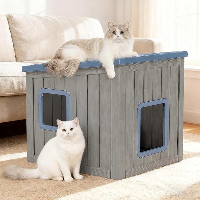 KAMABOKO Outdoor Cat House Weatherproof Plastic Cat Shelter for Indoor & Outdoor, Durable All-Season Pet House for Feral, Stray & Domestic Cats, Blue