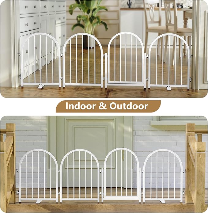 Full Metal Dog Gate with Door for Indoor Outdoor, 24" Tall Free Standing Pet Dog Fence, 72" Extra Wide Pet Gates for Stairs, Hallways, Doorways, Kitchen, Decks, Yards (White, 4 Panels)