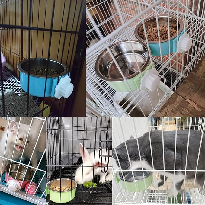 kathson Crate Dog Bowl, Removable Stainless Steel Hanging Pet Cage Bowl Food & Water Feeder Coop Cup for Cat, Puppy, Birds, Rats, Guinea Pigs (4 PCS, Size: L, 2×Blue,1×Pink,1×Green)