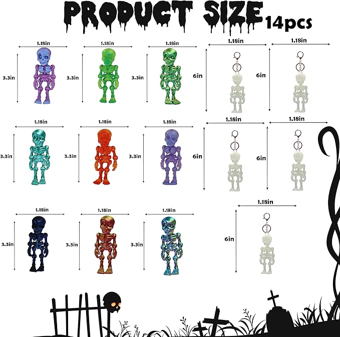 14 PCS Halloween 3D Printed Skeleton Man Animal Fidget Toy, Spooky Party Favors, Classroom Prizes, Sensory Toys for Kids, Halloween Decorations（3.15In/8cm）