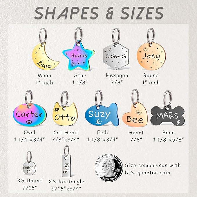 Anavia Small Size Dog Cat ID Tags, Small/XS Personalized Color Plated Stainless Steel Puppy Kitten Name Tags, Customized Engraved Nameplate Pet Collar Tag (Gold, Heart)