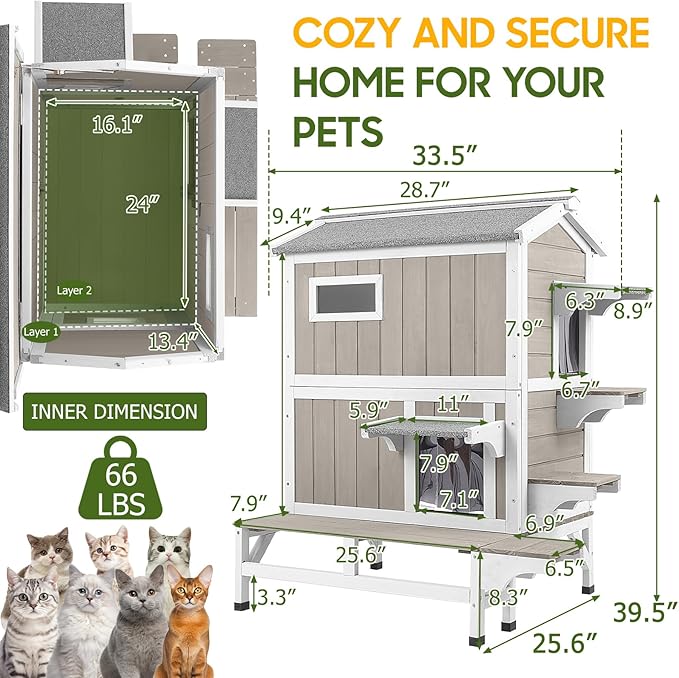 PetsCosset Outdoor Cat House Weatherproof with Balcony Outside Wooden Feral Cat Shelter with 3 Jumping Platforms and Openable Asphalt Roof for Cats and Small Animals