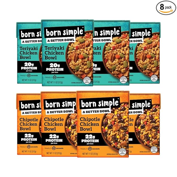 Born Simple Ready to Eat Meals, Variety Pack |Includes 4 Teriyaki Chicken & 4 Chipotle Chicken |IMPROVED RECIPE - High Protein, Prepared Meal, Microwavable Entree, 11 oz (Pack of 8)
