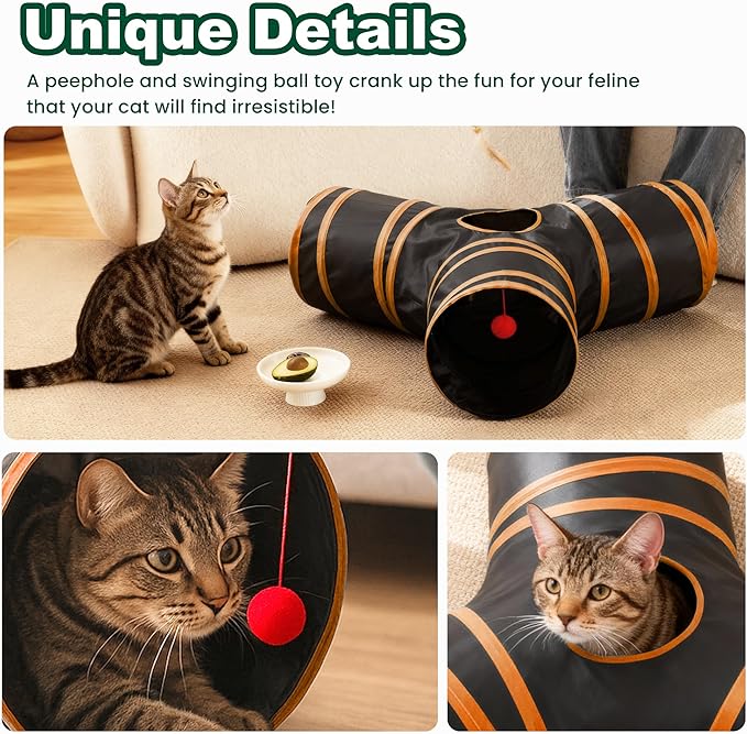 Love's cabin Cat Tunnels for Indoor Cats, Cat Tube Toys 3 Way Collapsible, Pet Play Tunnel with Peek Hole Toy Ball for Kitty, Kitten, Rabbit, Black&Orange, Small Size (23.6"X13"X11")