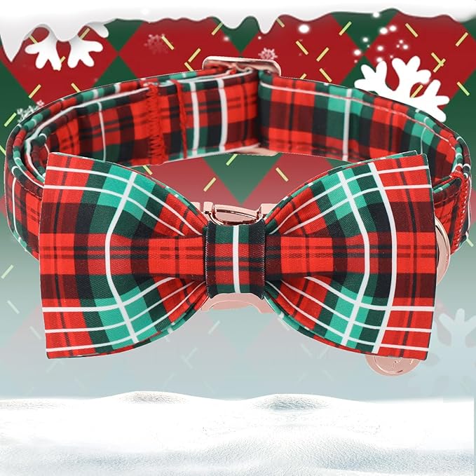 DOGWONG Christmas Red Plaid Dog Collar Bow Adjustable Red Checked Dog Collar Bow Tie Cute Christmas Red Dog Collar for Small Medium Large Dogs