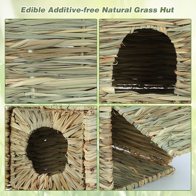 BWOGUE Large Bunny Grass House Natural Seagrass Bed Hideaway Toy Rabbit Hideout Hay Mat Chew Toys Guinea Pig Comfortable Hut for Bunny Hamster Chinchilla Small Animals
