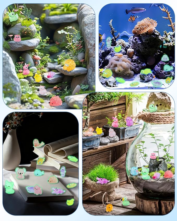 FIVEIZERO 102PCS Luminous Mini Resin Aquatic Animals Bulk - 15 Styles Glow in The Dark Plastic Tiny Sea Creatures for Dollhouse, Fairy Garden, Aquarium, Party Favors & DIY Craft Decor