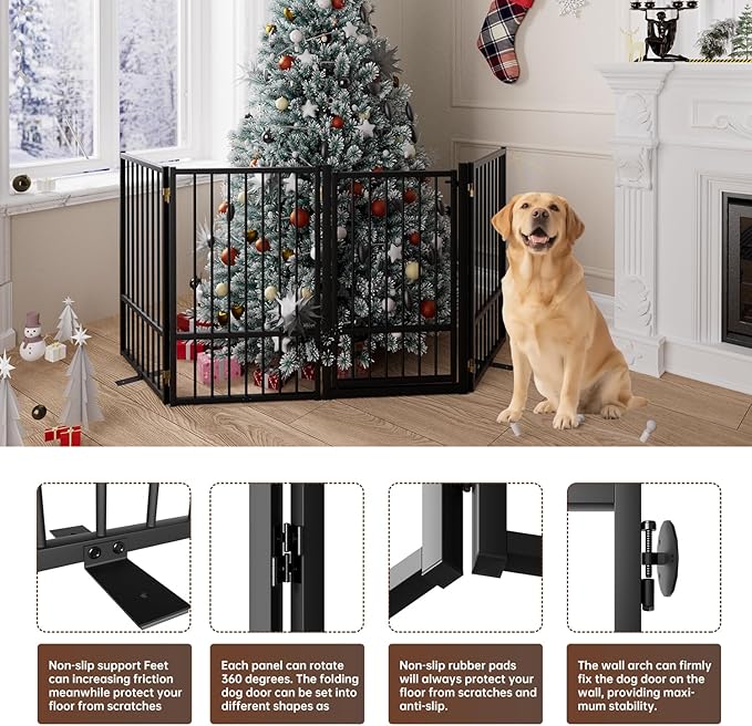 4 Panels Full Metal Freestanding Dog Gates with Door, 80” W x 32” H Folding Pet Gate Fence with Support Feet for Indoor,Stairs, Hallways and Doorways(Black)