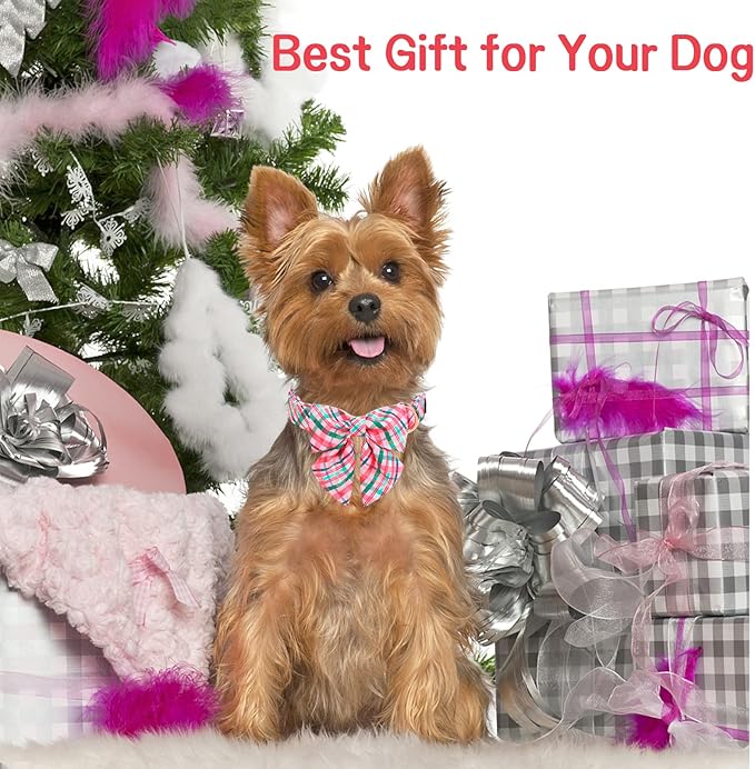 Unique style paws Dog Collar with Tie Pink & Green Plaid Dog Collar Best Gifts for Small Medium Large Dogs -XS
