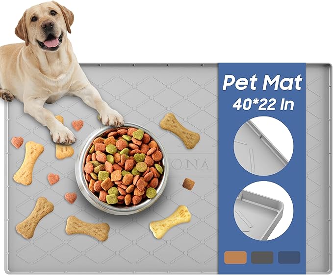 URMONA Large Dog Mat, 40" x 22" Waterproof Pet Food Mat With Raised Edges, Silicone Dog Cat Accessories, Prevents Spills, Protects Floors, Easy to Clean Fast
