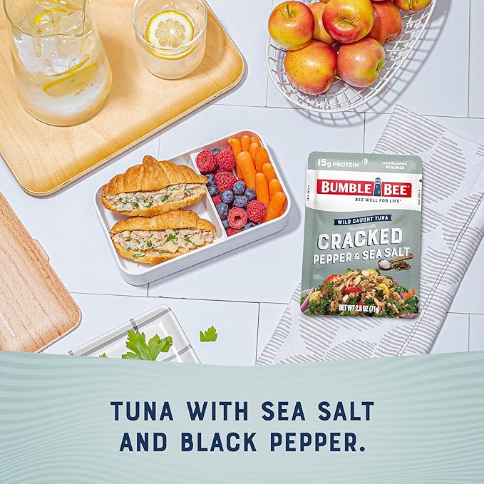 Bumble Bee Cracked Pepper & Sea Salt Seasoned Tuna Pouch - Wild Caught and Ready to Eat for Snack, Salad, Korean Tuna Bowl - 15g Protein per Serving - 2.5 oz Packet (Pack of 12)