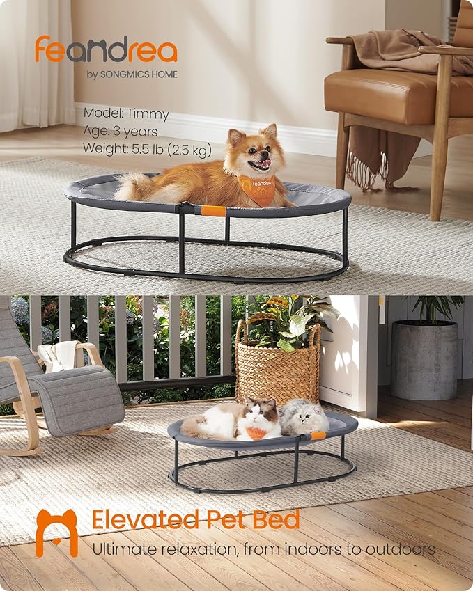 Feandrea Pet Bed, Cat Hammock, Elevated Cat Bed for Multiple Cats, with Removable Washable Mesh, for Pets up to 40 lb, Oval, Gray UPCB003G01