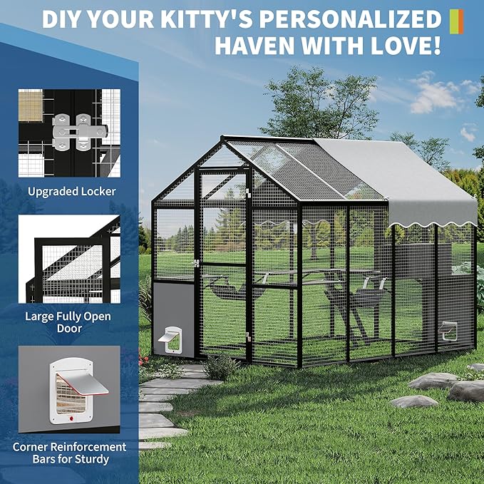 Aluminum Extra Large Outdoor Catio Enclosure for Multiple Cats with Upgrade Window – Walk-in Cat Run with Channels, Side Door, UV-Proof Cover & Platform