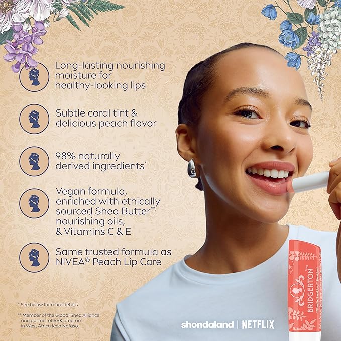 NIVEA Lip Care, Bridgerton Limited Edition Moisturizing Lip Balms with Shea Butter, Blackberry Pie, Peach Tea, Rose Meringue, and Vanilla Biscuit, Four 0.17 Oz Sticks