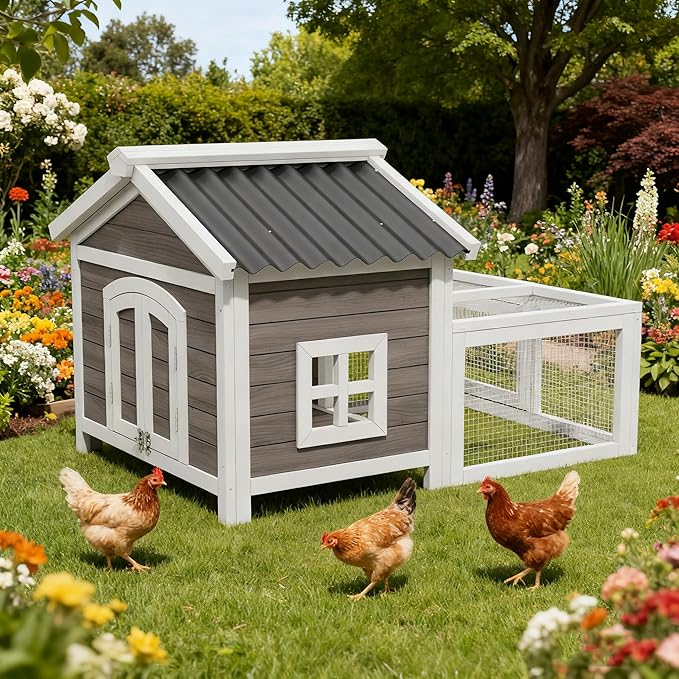 Chicken Coop Wooden Indoor and Outdoor,Hen House Poultry Pet Hutch with 2 Zone,Waterproof roof,Windows and Ventilation Door for Small Animals Habitat