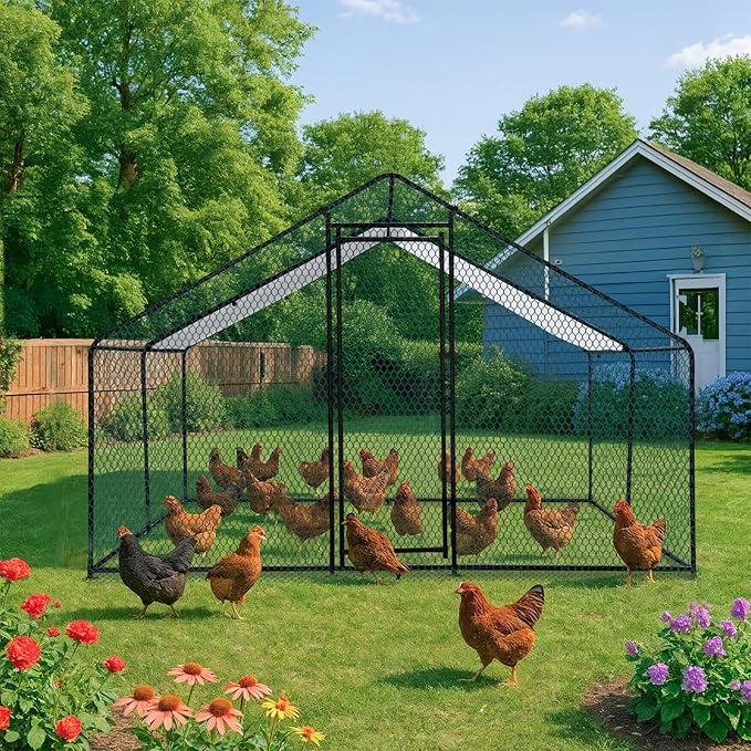 VINGLI Chicken Coop, 9.8x9.8x6.5 ft Large Metal Poultry Cage for Chicken Run, Walk-in Chicken Pen with Waterproof & Anti-UV Cover for Yard Outdoor (Black-Spire Roof)