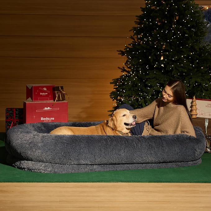 Bedsure Calming Human Dog Bed, 71" x 44" x 12" Giant Human Dog Bed for Adults People Fits Pet Families with Storage Pocket, Fluffy Faux Fur Orthopedic Pet Bean Bed, Dark Grey