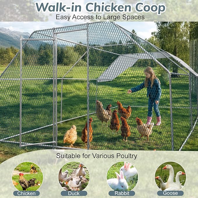 VINGLI Chicken Coop, 19.7 * 9.8 * 6.5 ft Large Metal Poultry Cage for Chicken Run, Walk-in Chicken Pen with Waterproof & Anti-UV Cover for Yard Outdoor (Silver-Flat Roof)