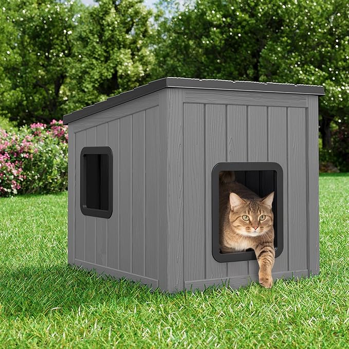 NUNU LAB Outdoor Cat House – Weatherproof & UV Resistant PP Material Shelter with Sloped Asphalt Roof, Durable Cat Condo for Garden, Patio, and Backyard (Black, Large)