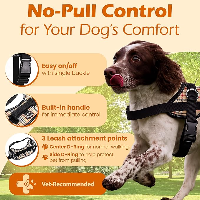 Bark Appeal Tan Plaid No-Pull Dog Harness for Large to Extra Large Sized Pets – Adjustable, Reflective Vest with 3 Leash Clips for Added Control, Easy Walks & Training – XL