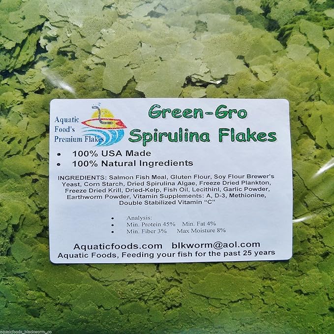 Aquatic Foods Inc. Flakes, Premium Spirulina Green-GRO Flakes for Guppies, Tetras, Live Bearers Great for All Community Tropicals. Premium Green GRO AF Flakes - 2-lbs