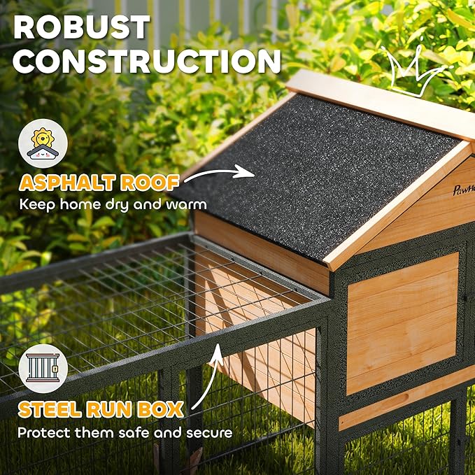 PawHut Rabbit Hutch Outdoor, 85" Large Wooden Bunny Cage with Steel Run, Removable Tray, Waterproof Roof, Ramp, Metal Guinea Pig Cage for 2-3 Small Animals, Rabbits, Chickens, Ducks, Backyard Garden